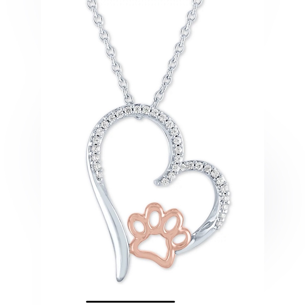Macy’s Diamond Heart with Paw Print Necklace in Sterling Silver and Rose Gold